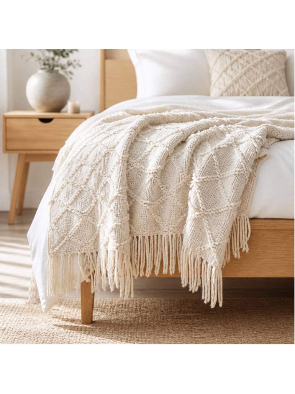 Pottery Barn 2000's Beige Cream Knit Throw Blanket One Size Fringe Hem Diamond